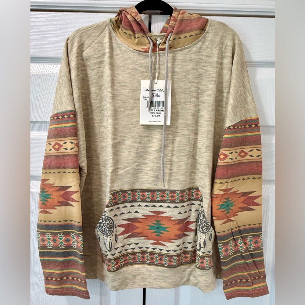 American Bling Southwestern Pattern Tan Hoodie Sweatshirt with Aztec Print “NWT”